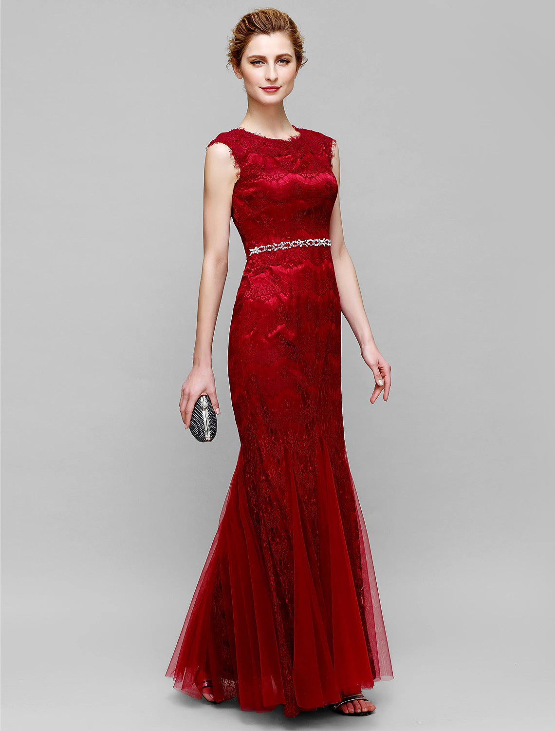 Mermaid / Trumpet Mother of the Bride Dress Jewel Neck Ankle Length Lace Tulle Sleeveless No with Lace Crystals