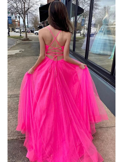 A-Linie Ballkleider Sexy Kleid Hochzeit Party Geburtstag Hofschleppe Ärmellos Spaghettiträger Organza mit Schlitz