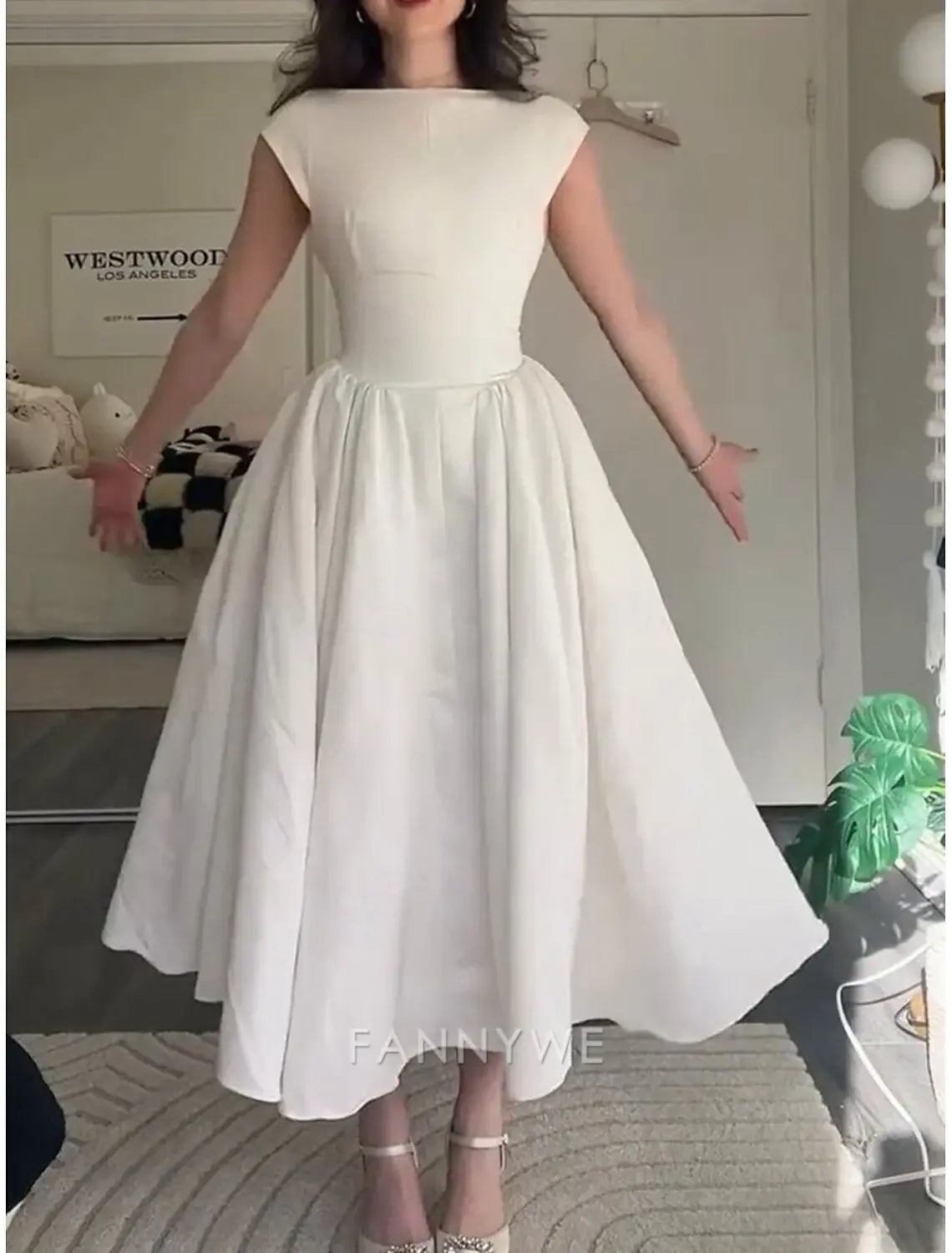 FannyWe Schlichte A-Linie Partykleider Elegantes Kleid Hochzeit Hochzeitsgast Knöchellang Ärmellos Juwelausschnitt Polyester Rückenfrei mit Falten Kleider