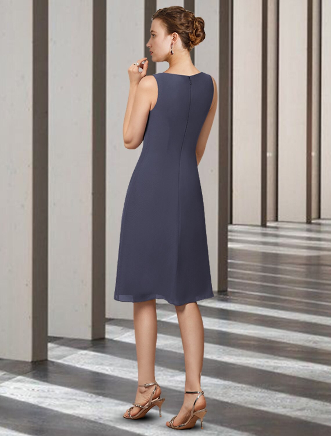 Vestido de madre de la novia de dos piezas, elegante, de corte tubo/columna, con escote joya, largo hasta la rodilla, de gasa, sin mangas y con cuentas