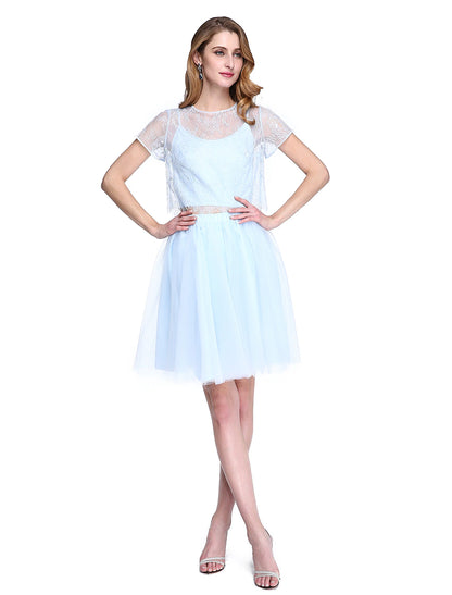 A-Line Mother of the Bride Dress Two Piece Jewel Neck Knee Length Lace Tulle Short Sleeve No with Lace