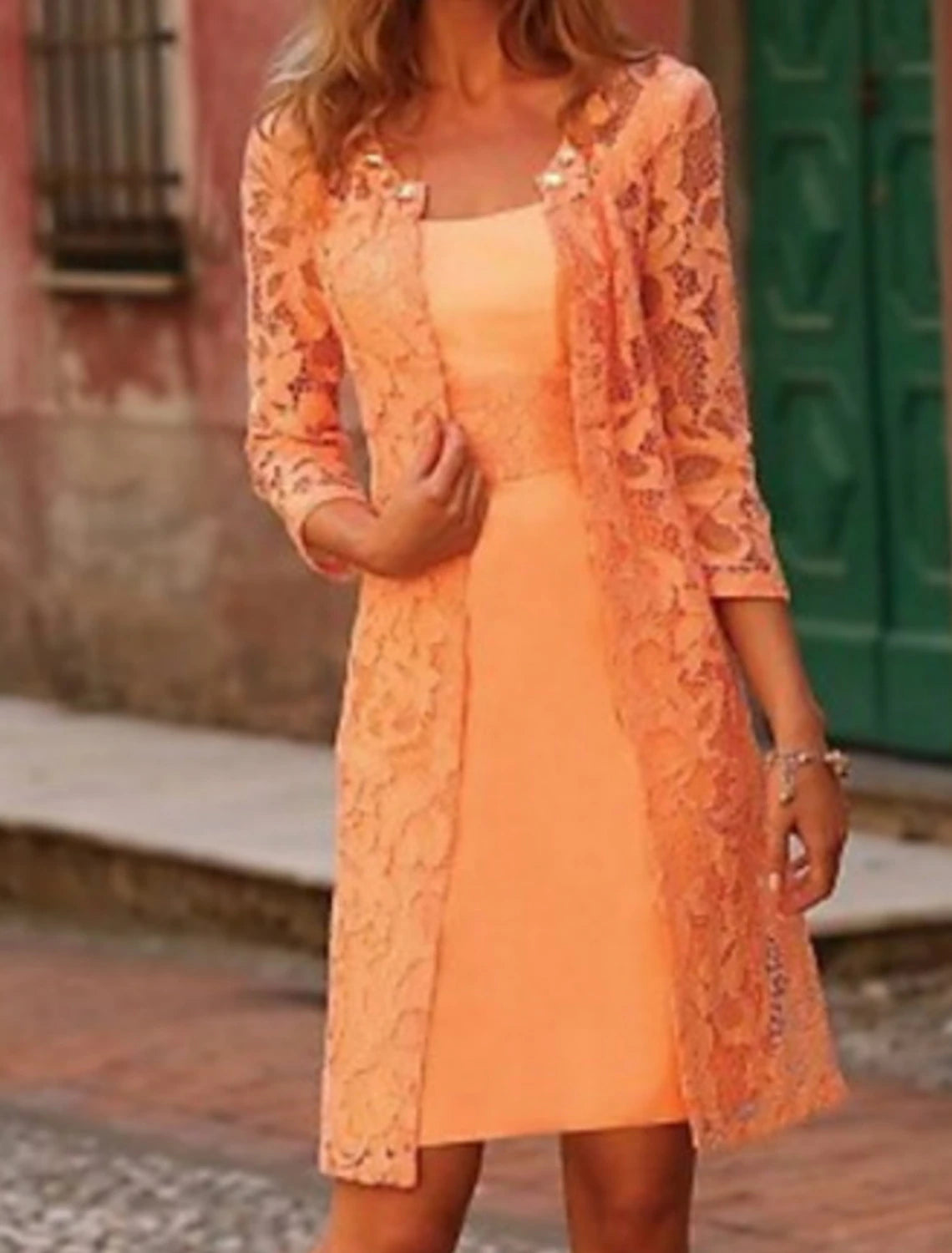Two Piece A-Line Mother of the Bride Dress Wedding Guest Church Jewel Neck Knee Length Polyester Lace 3/4 Length Sleeve Jacket Dresses with Appliques