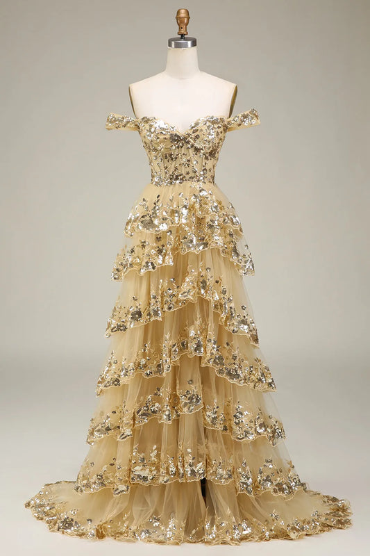 A-Linien-Ballkleid mit glitzernden Pailletten und Schlitz
