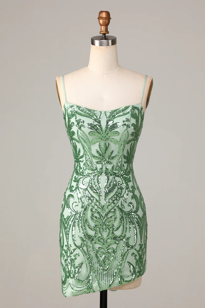 Sparkly Bodycon Spaghetti Straps Short Homecoming Dress with Sequins