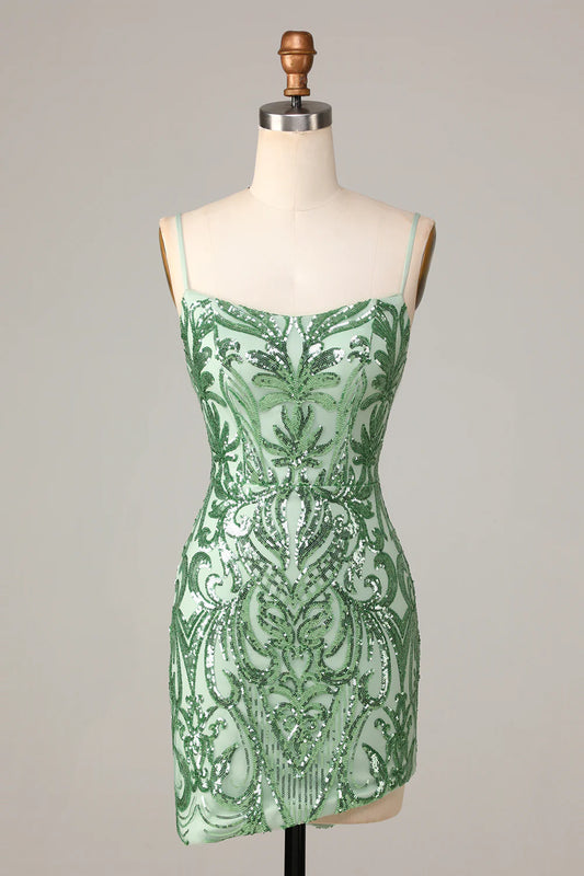 Sparkly Bodycon Spaghetti Straps Short Homecoming Dress with Sequins