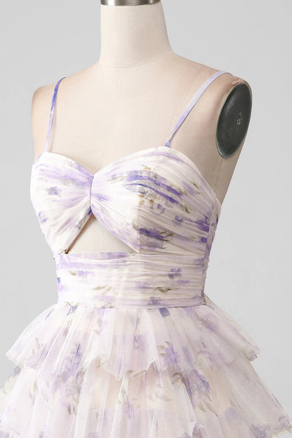 A Line Cute Spaghetti Straps Tulle Tiered Short Homecoming Dress