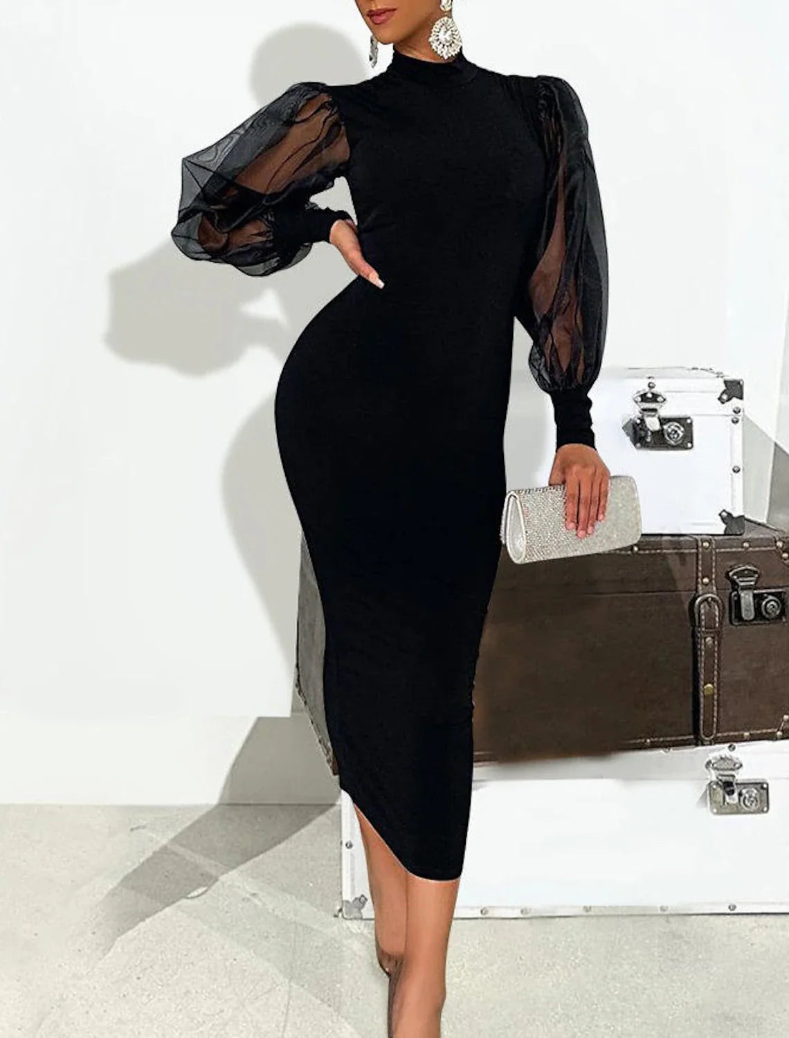 Sheath / Column Cocktail Dresses Little Black Dress Dress Wedding Guest Tea Length Long Sleeve High Neck Stretch Fabric with Pure Color Splicing