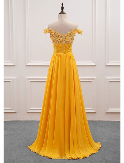 A-Linie Kleider für Hochzeitsgäste Elegantes Kleid Ballkleid Hochzeit Party Sweep/Pinsel Schleppe Ärmellos Schulterfrei Chiffon mit Applikationen