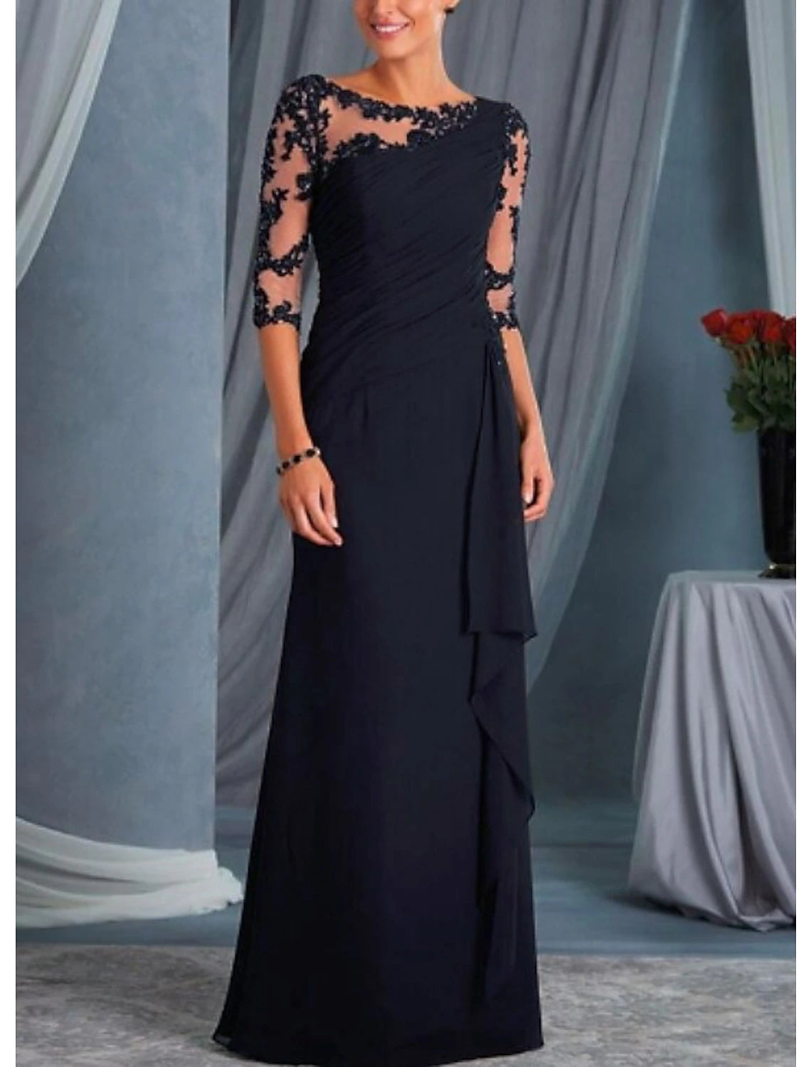 A-Line Mother of the Bride Dress Wedding Guest Plus Size Bateau Neck Floor Length Chiffon Lace Half Sleeve with Draping Appliques