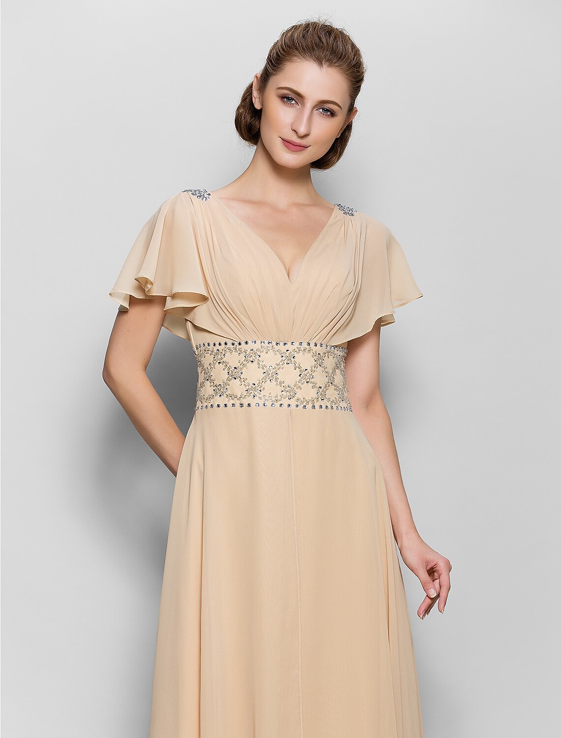 A-Line Mother of the Bride Dress Beautiful Back V Neck Floor Length Chiffon Short Sleeve No with Criss Cross Beading