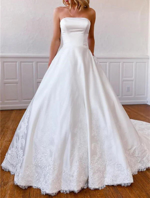 A-Line Strapless Satin Sweep Train Lace Appliques Wedding Dresses