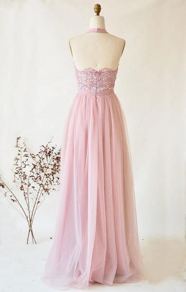 Strapless Tulle Lace High Neck Long Prom Dress