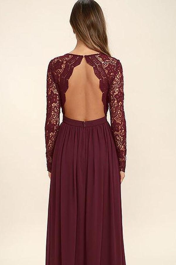 V neck Long Sleevs Lace Prom Dress