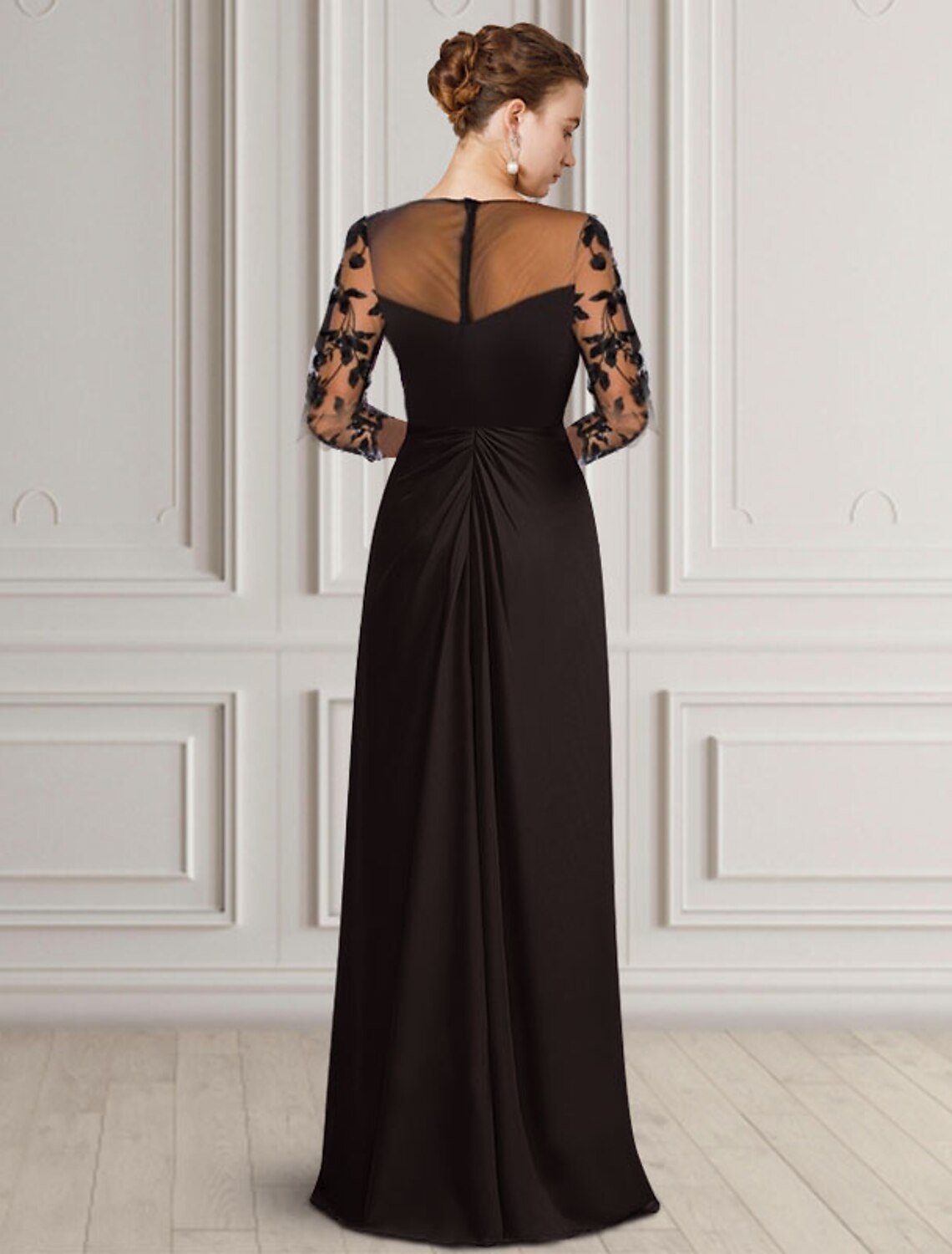 Sheath / Column Mother of the Bride Dress Wedding Guest Elegant Jewel Neck Floor Length Chiffon Lace 3/4 Length Sleeve with Appliques