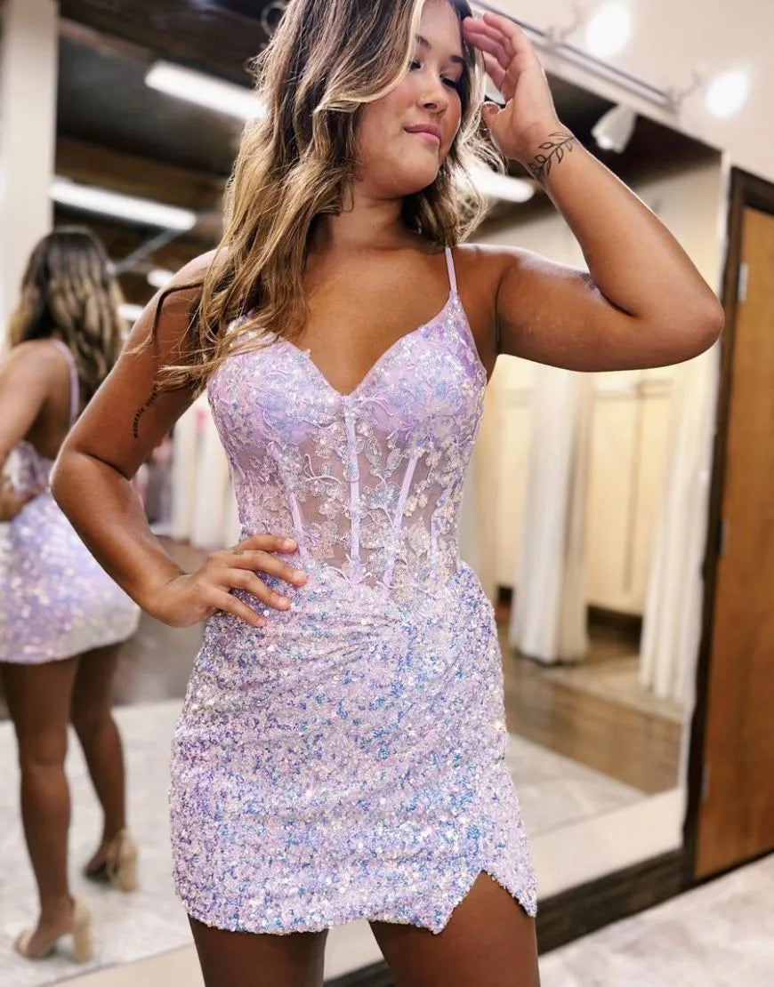 A-line Sparkly Spaghetti Straps Sequins Tight Homecoming Dresses Party Dress