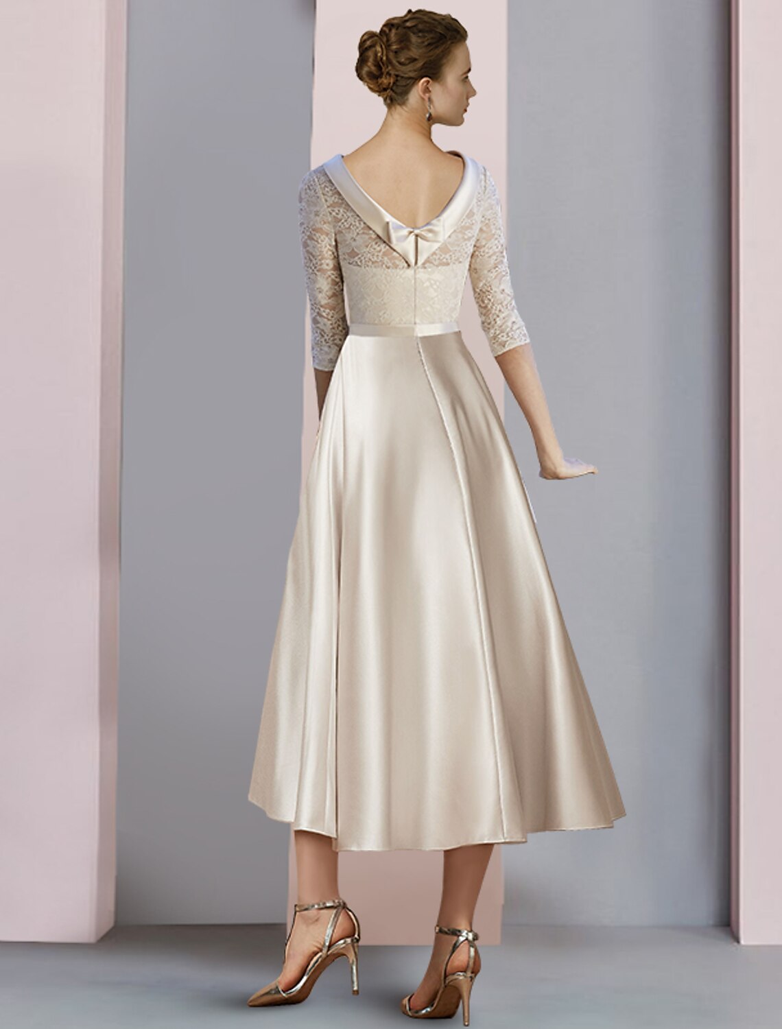 Sheath / Column Mother of the Bride Dress Wedding Guest Party Elegant Scoop Neck Tea Length Satin Lace Half Sleeve with Bow(s) Pleats