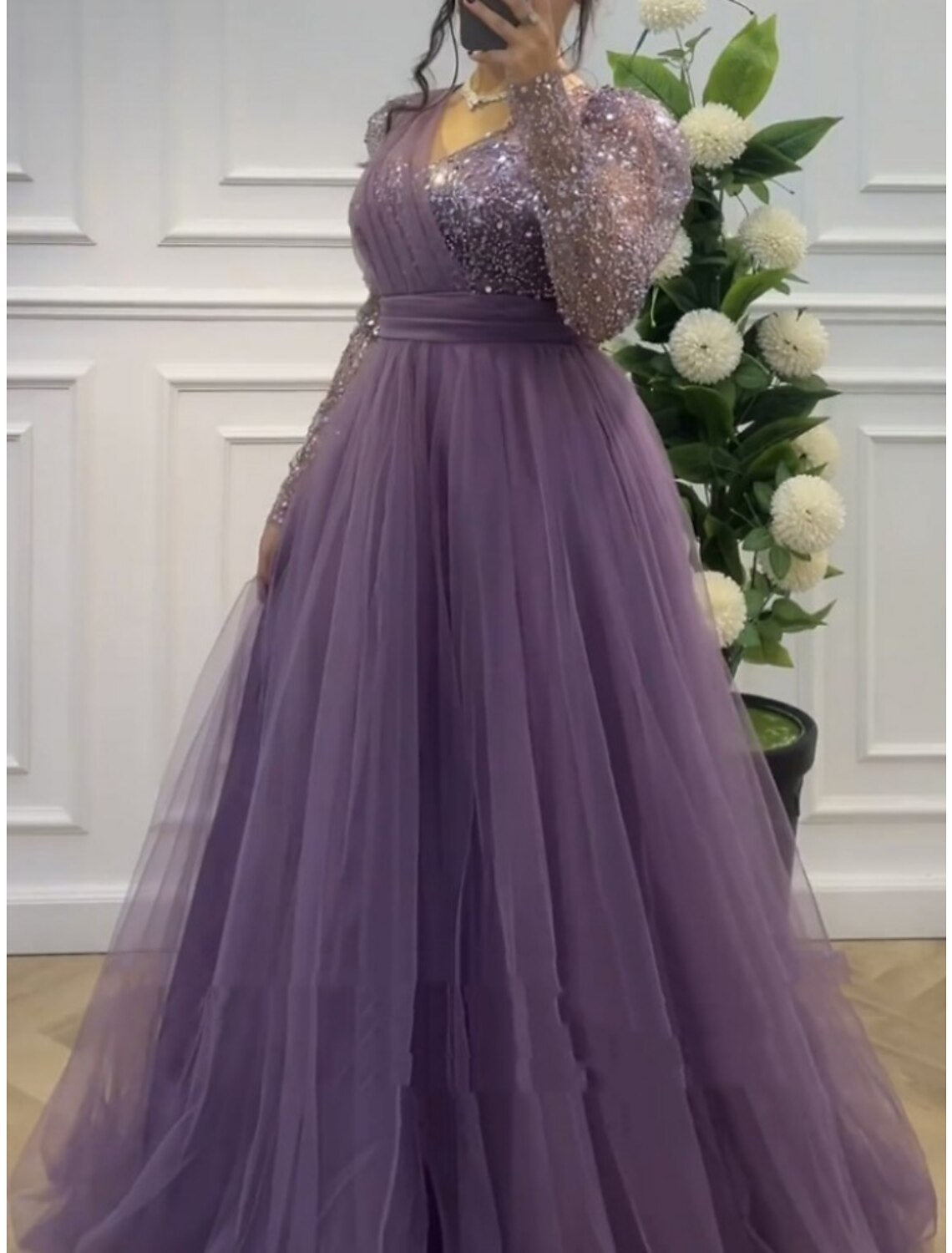 A-Line Prom Dresses Elegant Dress Formal Sweep / Brush Train Long Sleeve V Neck Tulle with Glitter Pleats