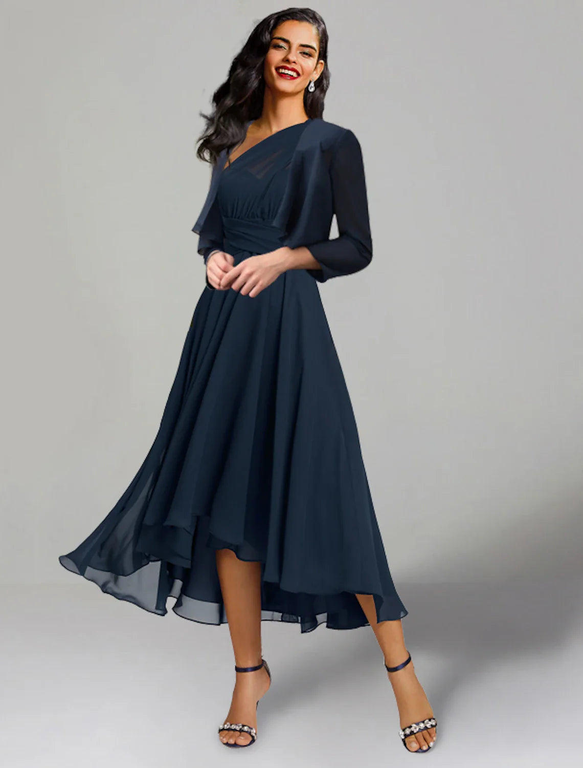 Two Piece A-Line Wedding Guest Dresses Elegant Dress Cocktail Party Tea Length 3/4 Length Sleeve V Neck Convertible Chiffon with Shawl