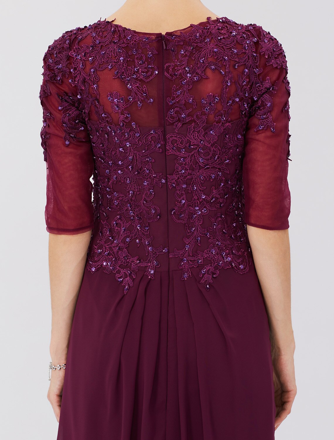 Sheath / Column Mother of the Bride Dress Formal Classic & Timeless Elegant & Luxurious See Through Illusion Neck Floor Length Chiffon Beaded Lace 3/4 Length Sleeve No with Pleats Beading