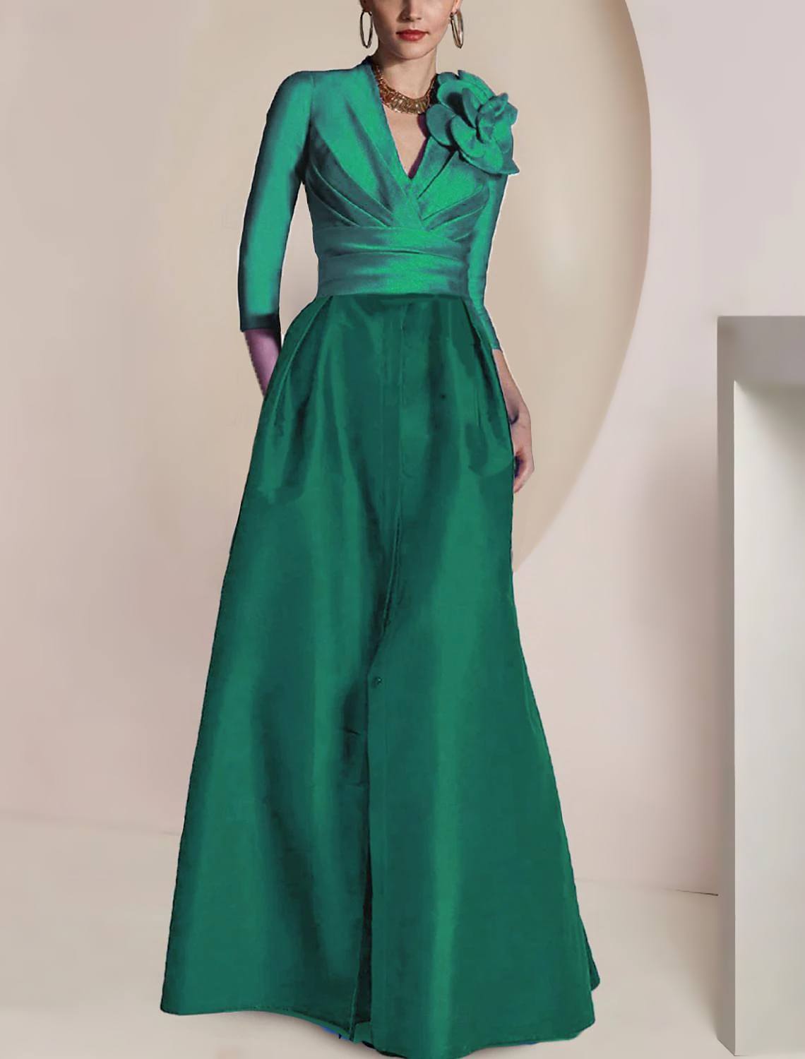 A-Line Mermaid / Trumpet Sheath / Column Mother of the Bride Dress Elegant Vintage Party Jewel Neck V Neck Floor Length Chiffon 3/4 Length Sleeve Half Sleeve with Ruched Draping Split Front