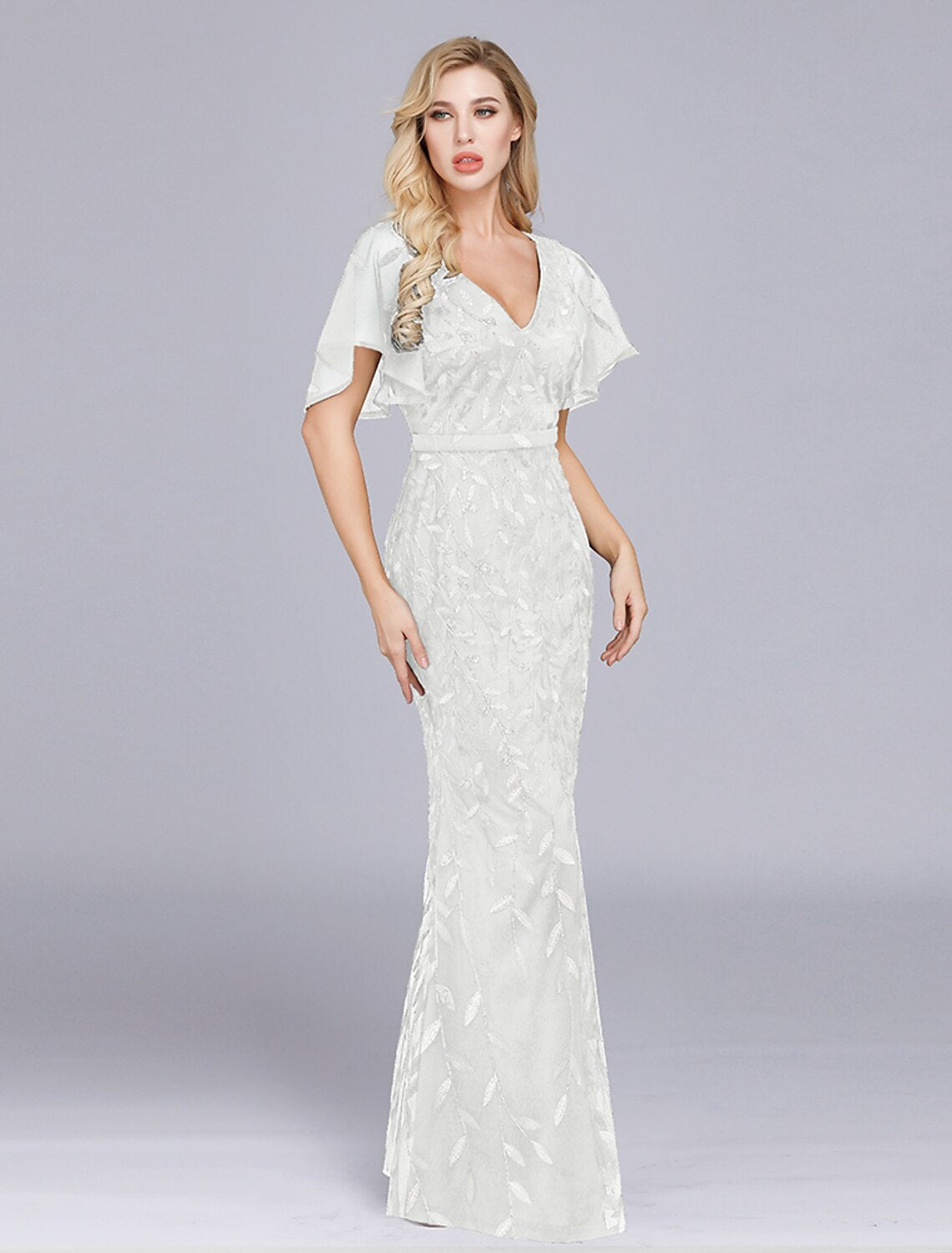 Vestido de noche estilo sirena/trompeta, estilo imperio, para fiesta, formal, de noche, largo hasta el suelo, manga corta, cuello joya, tul con volantes bordados