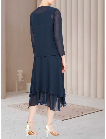 Vestido de Madre de la Novia con Corte en Columna, Elegante, Escote Redondo, Largo hasta la Rodilla, Gasa, Manga Larga con Fruncido de Lentejuelas
