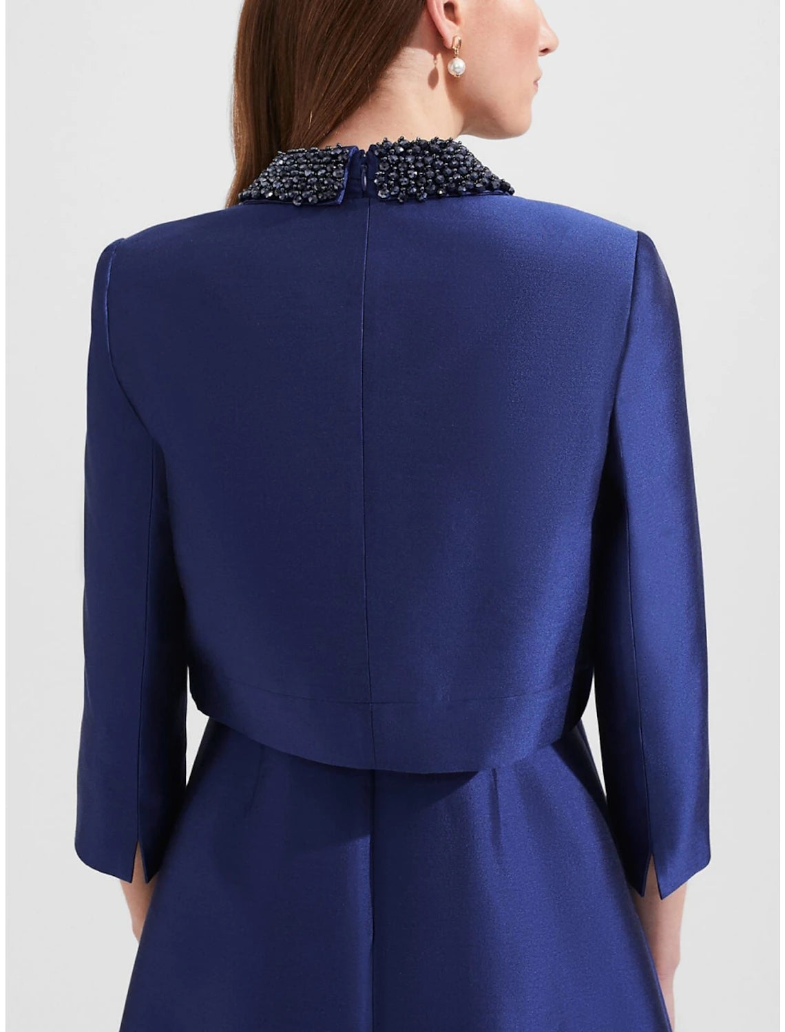 Two Piece A-Line Mother of the Bride Dress Wedding Guest Elegant Winter With Jacket Petite 3/4 Sleeve Scoop Neck Knee Length Satin Crystals Ruching