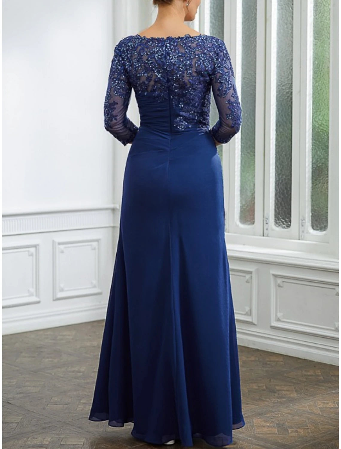 Vestido de madre de la novia de corte A para invitada de boda, elegante, escote redondo, largo hasta los tobillos, de gasa, media manga con fruncido de encaje