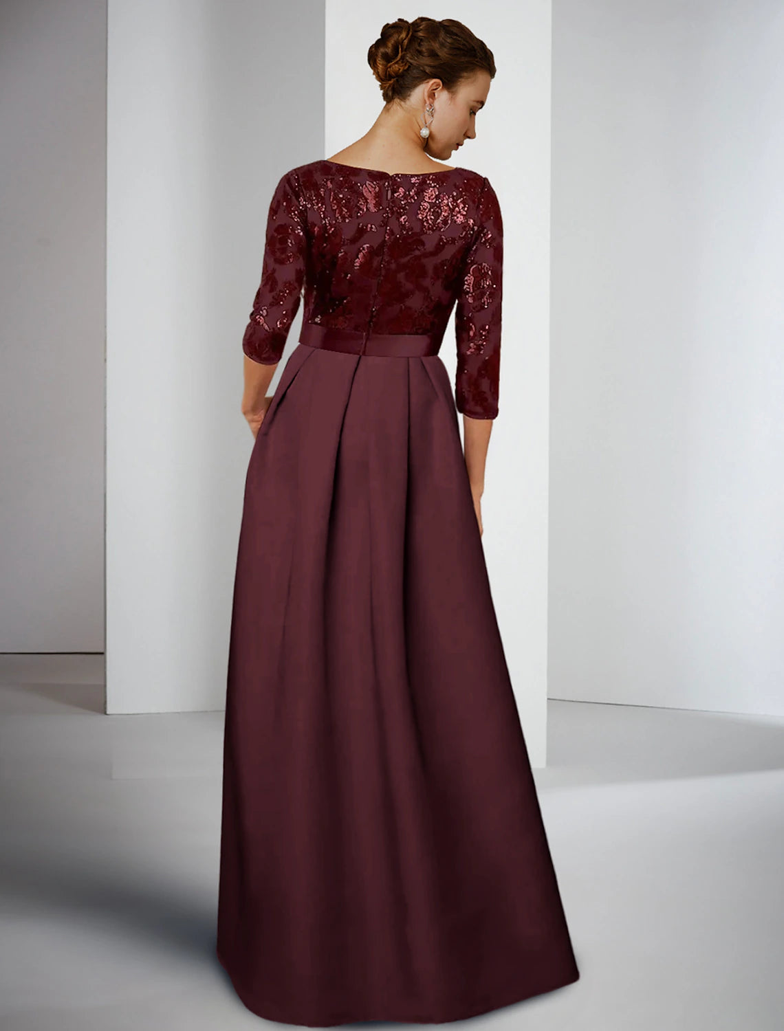 Jumpsuit / Pantsuit Mother of the Bride Dress Formal Wedding Guest Elegant Scoop Neck Floor Length Lace Taffeta Sequined 3/4 Length Sleeve with Pleats Solid Color