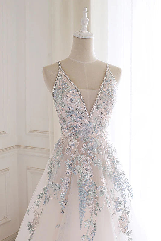 V neck tulle lace long prom dress