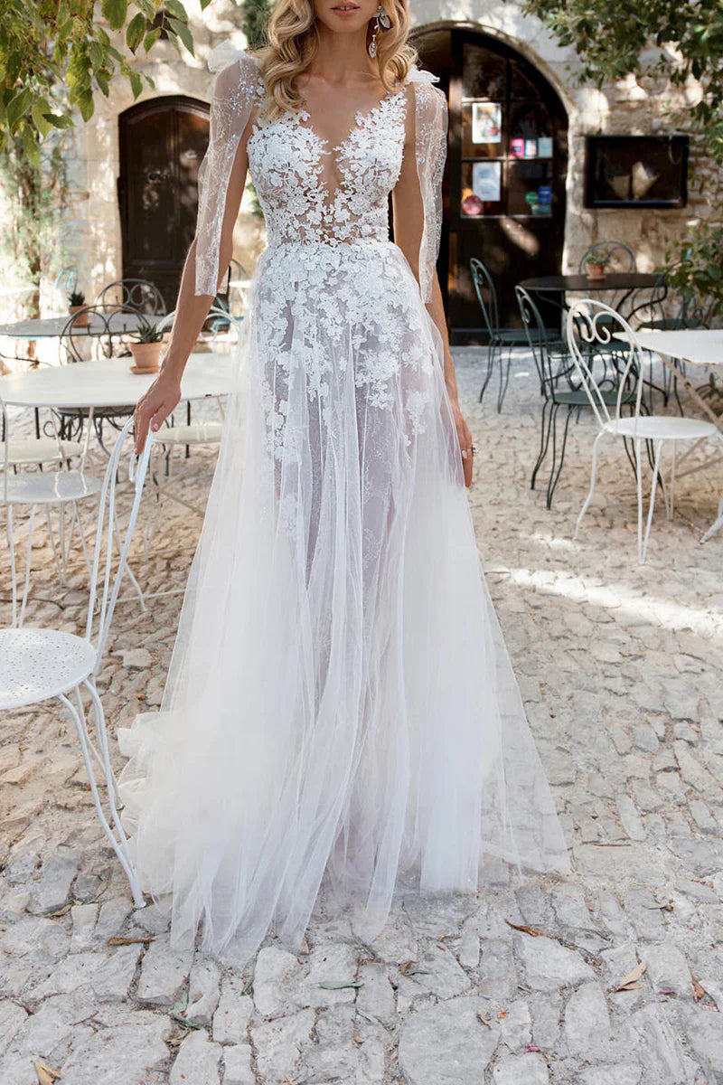 A Line V neck Lace Appliques Boho Wedding Dress With Slit