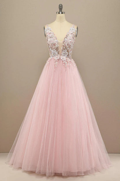 A line V Neck Tulle Lace Prom Dress
