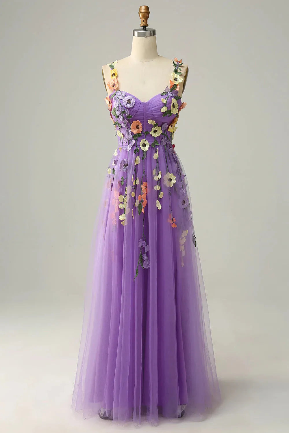 A Line Spaghetti Straps Long Tulle Prom Dress With Embroidery