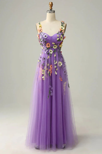 A Line Spaghetti Straps Long Tulle Prom Dress With Embroidery