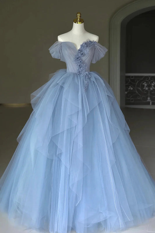 A-line Off the Shoulder 3D Flowers Tulle Floor Length Prom Dress Evening Dress
