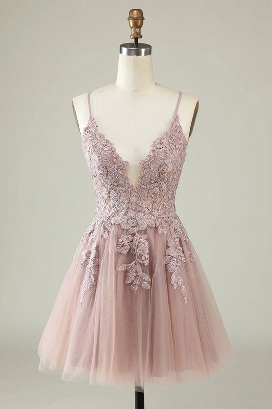 A Line Spaghetti Straps Short Homecoming Dress with Appliques
