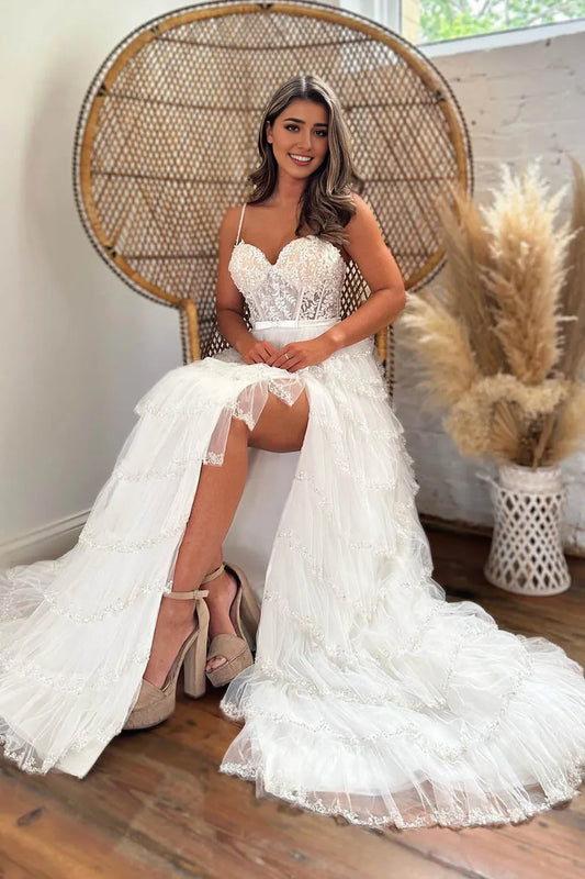 A Line Spaghetti Straps Corset Prom Dress with Appliques Ruffles