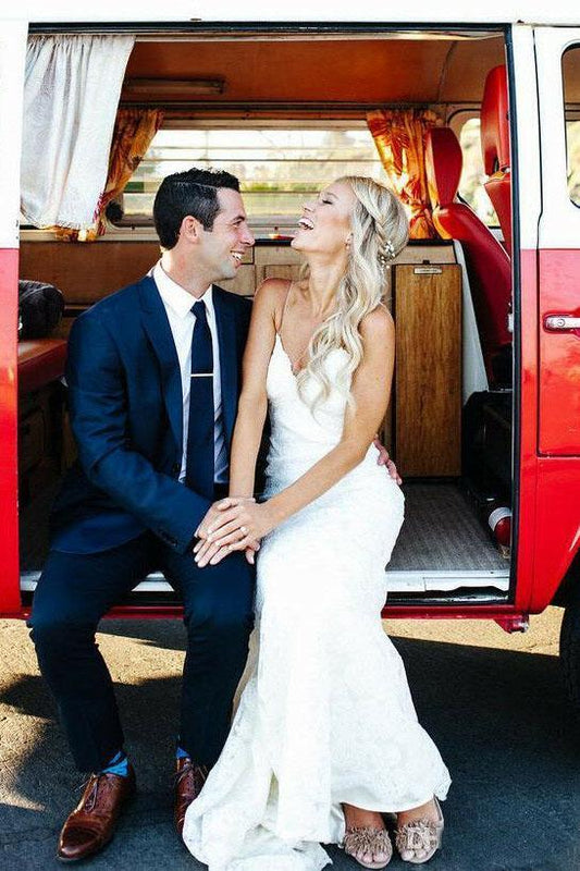 Spaghetti Beach Straps V Neck Lace Backless Wedding Gown Wedding Dresses