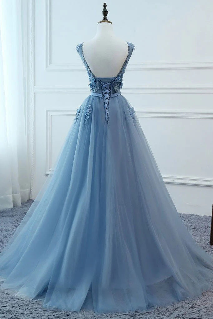 V neck tulle lace long prom dress