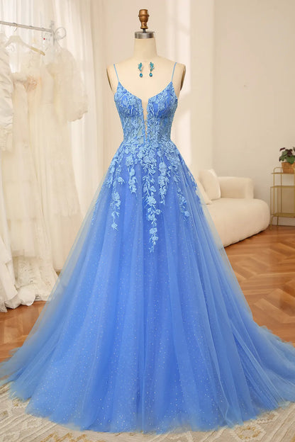 A-Linie Spaghettiträger Rücken Langes Tüll Ballkleid mit Applikationen