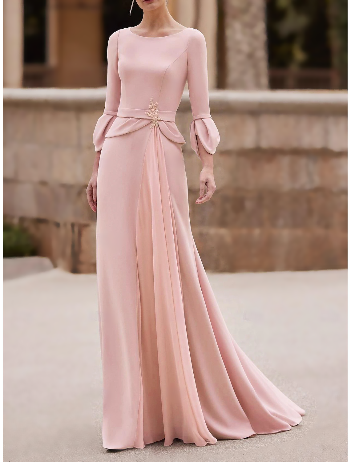 Mermaid / Trumpet Mother of the Bride Dress Wedding Guest Elegant Jewel Neck Floor Length Chiffon Crepe 3/4 Length Sleeve with Crystal Brooch stretch dress free custom size