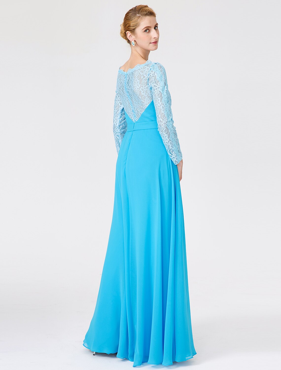A-Line Ball Gown Scoop Neck Floor Length Chiffon Lace Mother of the Bride Dress with Sash / Ribbon Pleats