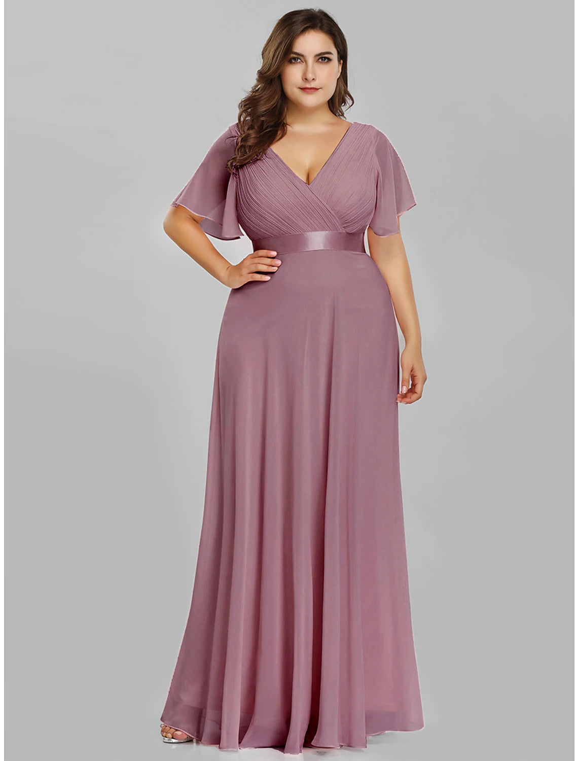 A-Line Empire Fall Wedding Guest Dress For Bridesmaid Plus Size Formal Evening Dress V Neck Short Sleeve Floor Length Chiffon with Pleats Ruched