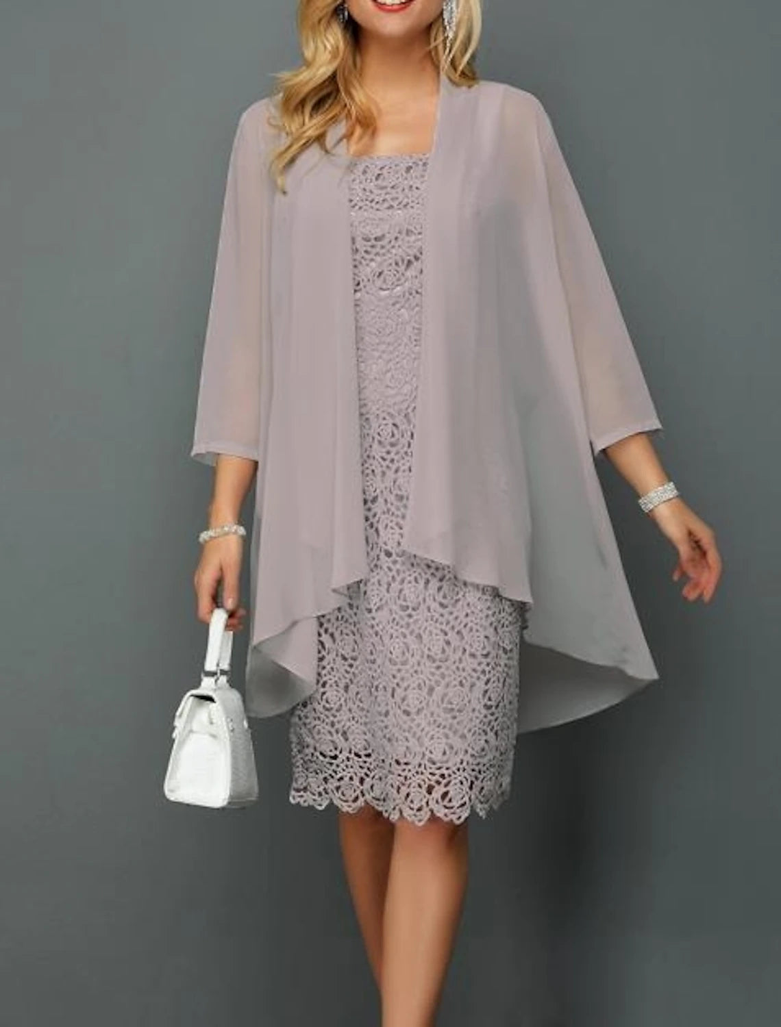 Two Piece Sheath / Column Mother of the Bride Dress Wedding Guest Church Elegant Plus Size Bateau Neck Knee Length Chiffon Lace 3/4 Length Sleeve Jacket Dresses with Appliques
