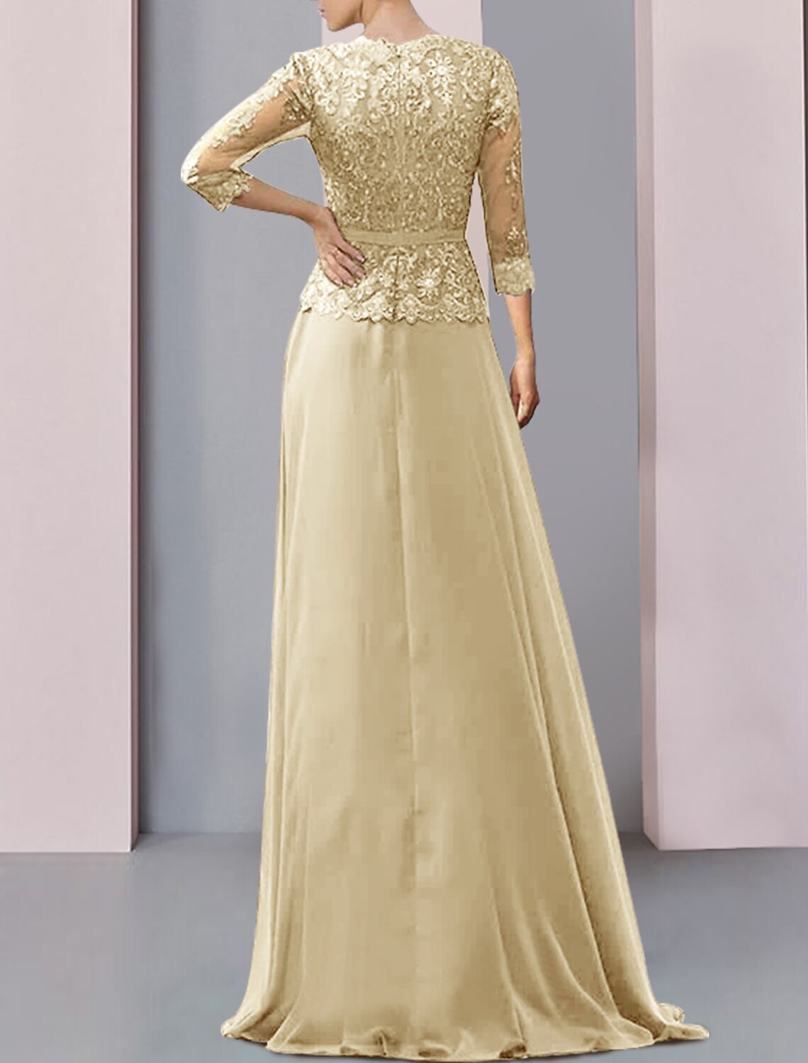 A-Line Mother of the Bride Dress Wedding Guest Elegant V Neck Floor Length Chiffon Half Sleeve with Lace Ruching
