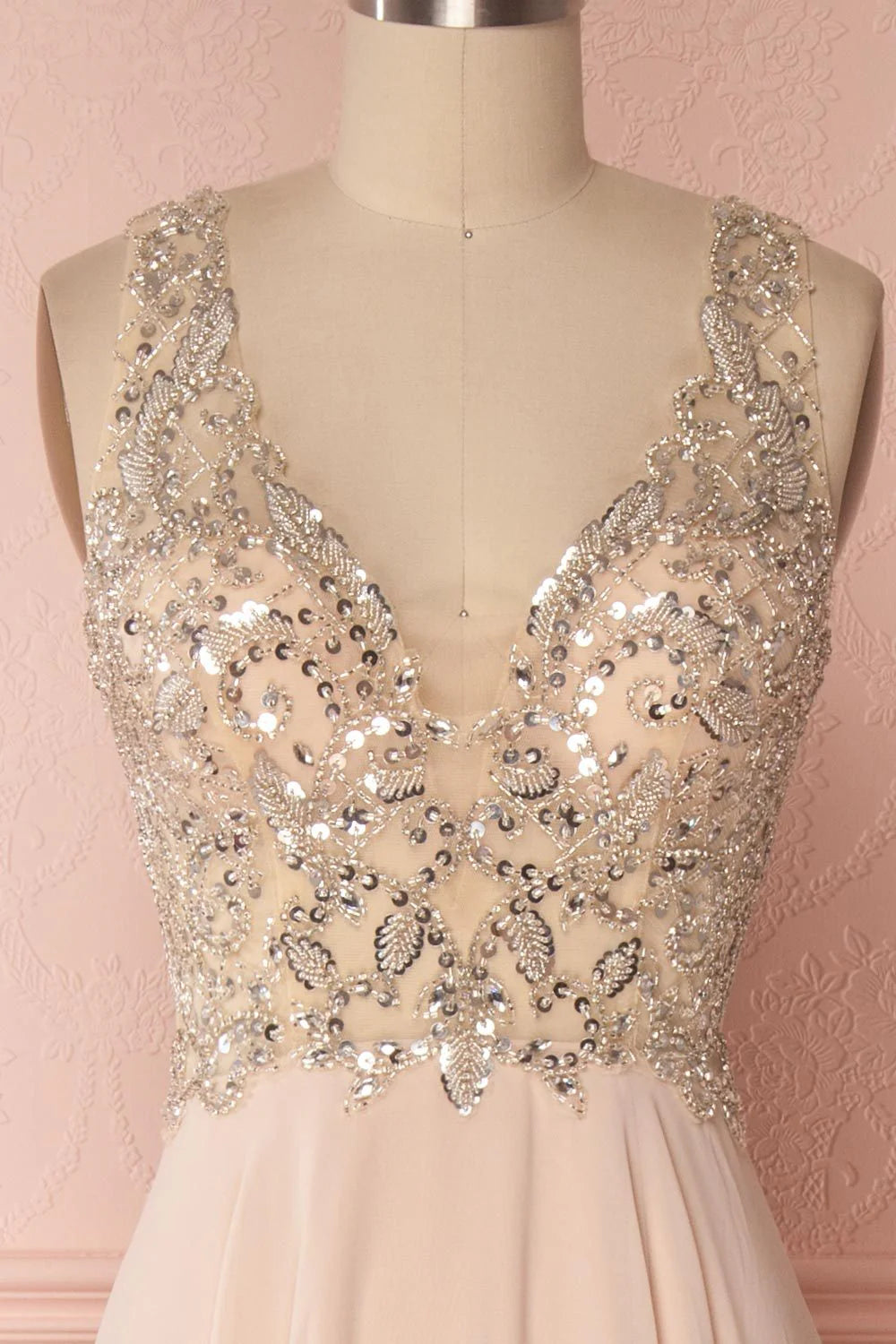 V neck beads sequin long prom dress