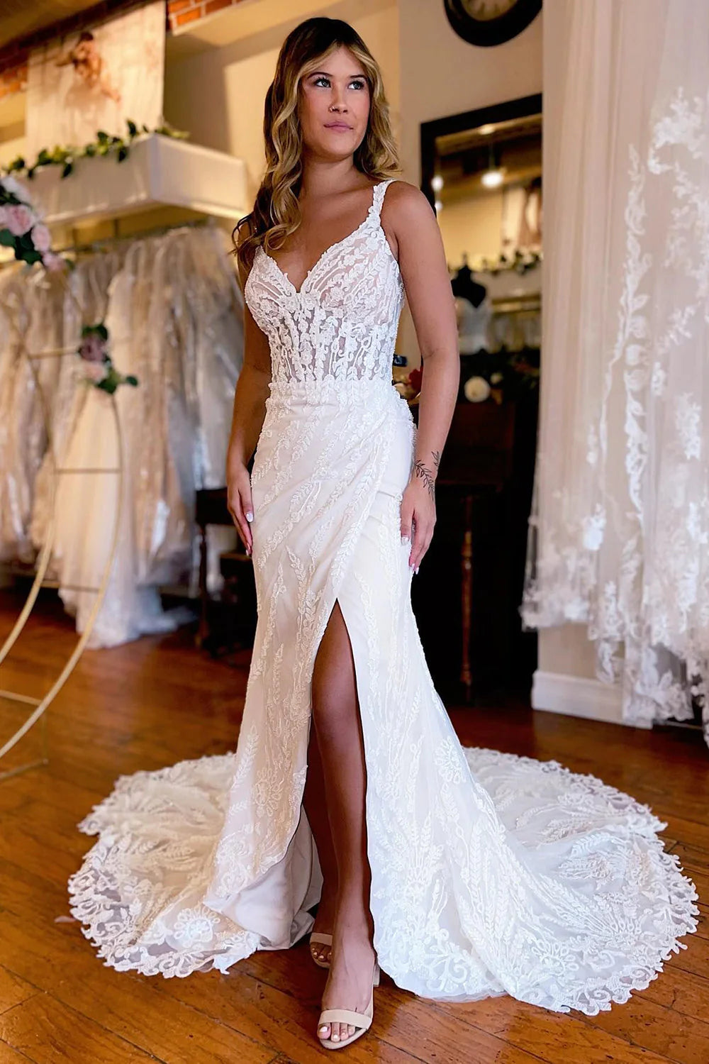 Sheath V Neck Long Lace Wedding Dress