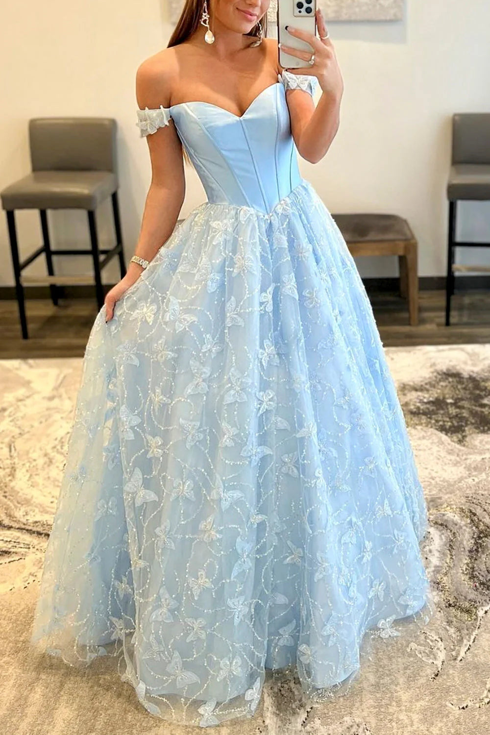 Lace Off the Shoulder Lace Long Prom Dress