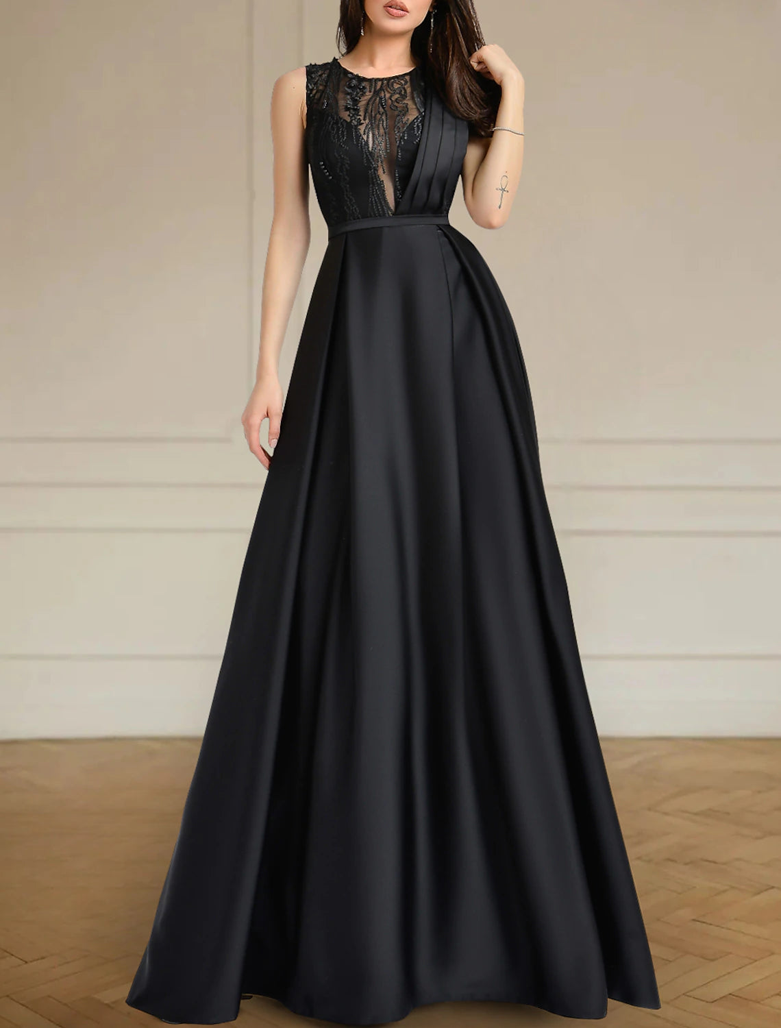 Black Wedding Dresses Formal A-Line Scoop Neck Sleeveless Floor Length Lace Satin Fall Halloween Reception Bridal Gowns With Pleats Beading