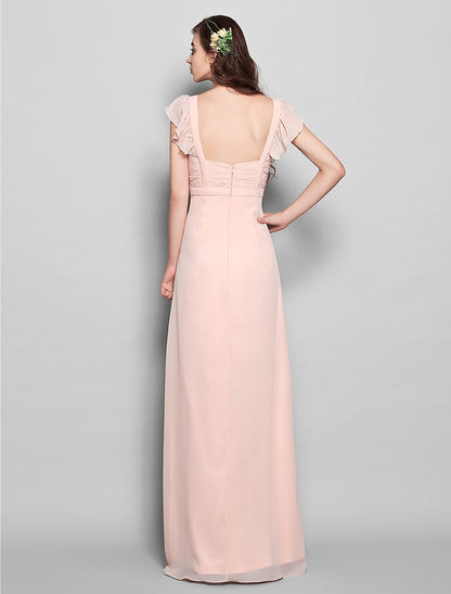 Vestido de dama de honor de gasa con escote tubo/columna, largo hasta el suelo, con faja/cinta/plisado.